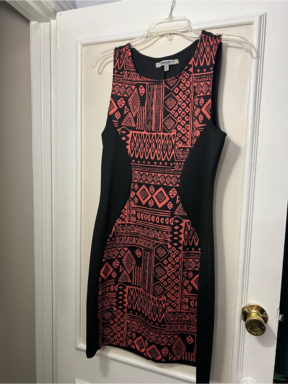 Sleeveless Black Dress with Coral Geometric Panel